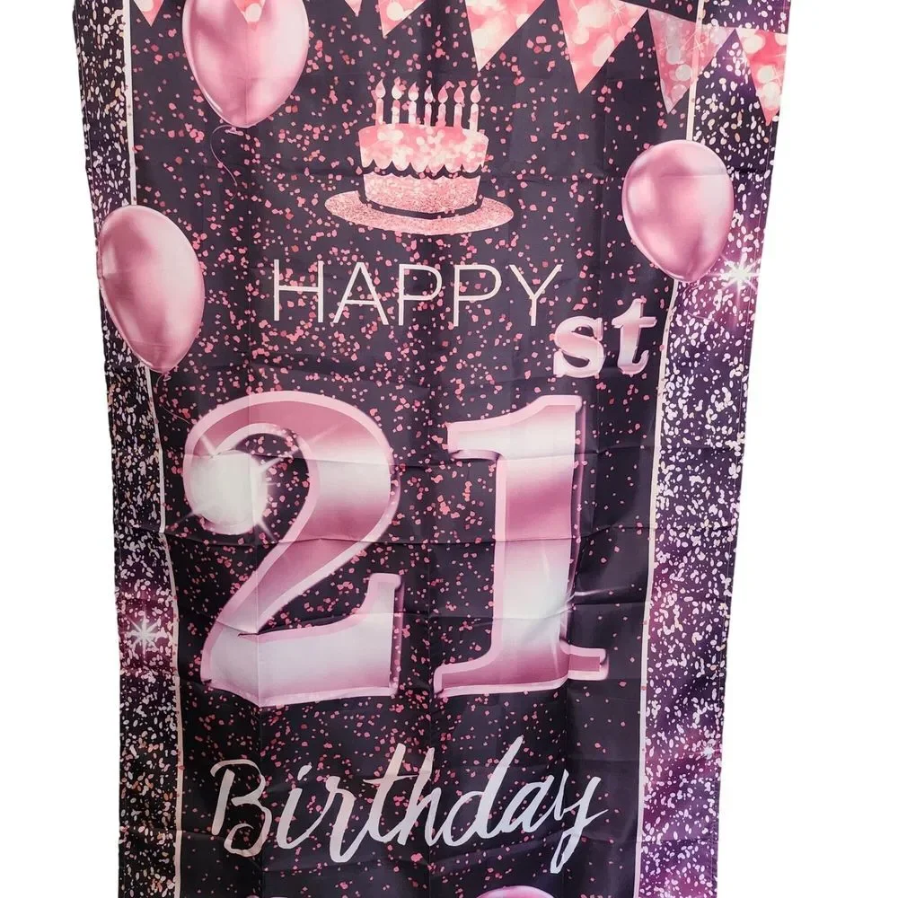 Happy‎ 21st Birthday Banner With Pink Balloons & Cake Print - Party Decoration
